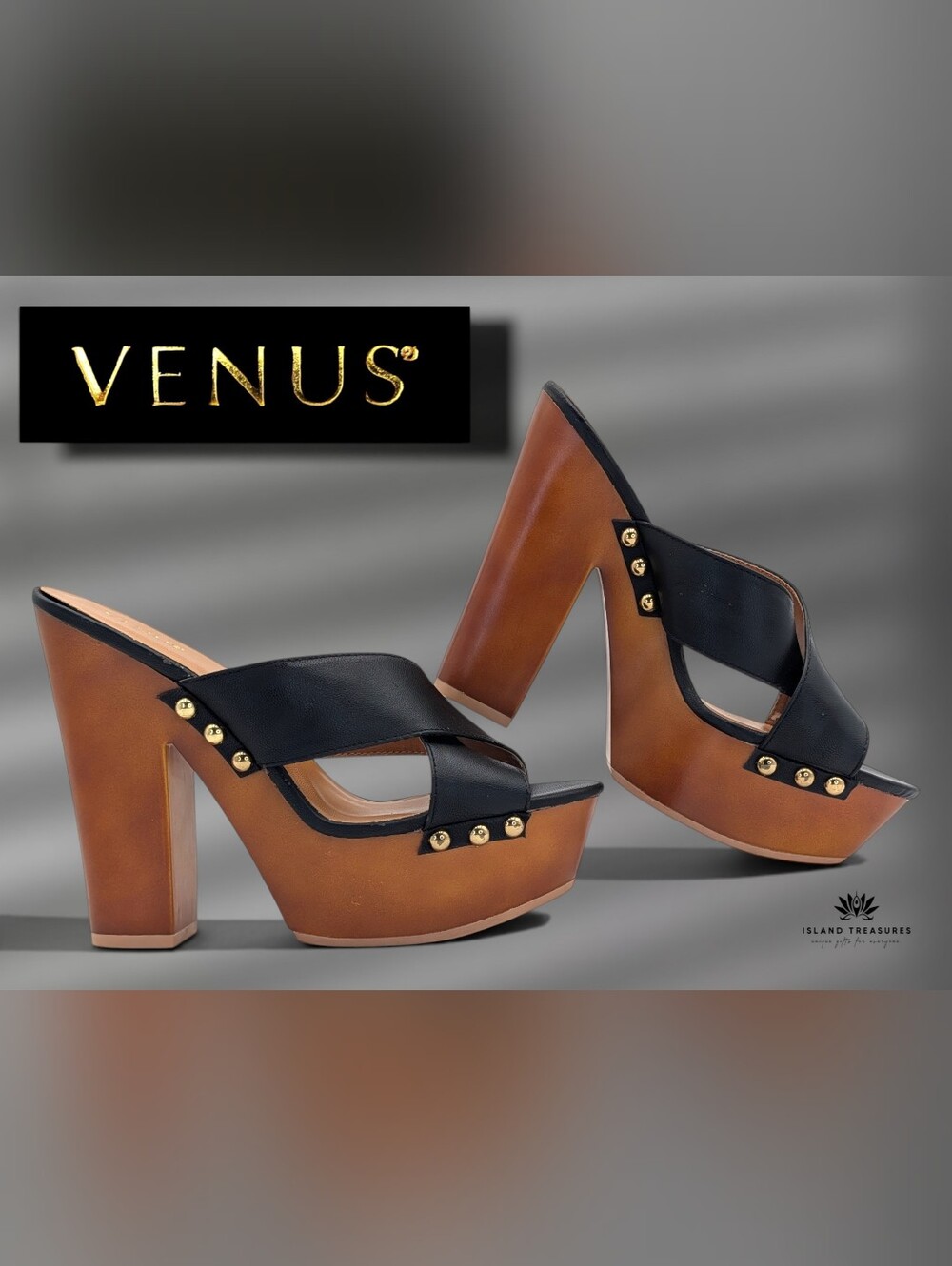 Venus Size 9 Womens Black Gold Studded Crossband Faux Wood Platform Mule Heel